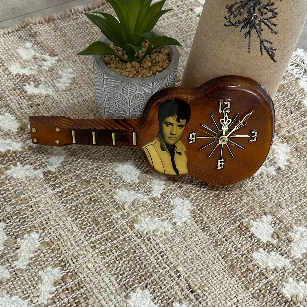 Vintage Elvis Presley Lacquered Wood Working Guitar Shaped Wall Clock